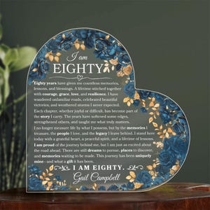 Puede incluir: Una placa de acrílico en forma de corazón con un borde floral en azul oscuro y dorado. El texto dice: I am EIGHTY. Eighty years have given me countless memories, lessons, and blessings. I am EIGHTY. Gail Campbell. El diseño está impreso sobre material transparente.