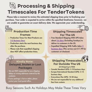 May include: An informational graphic titled Processing & Shipping Timescales For TenderTokens. It outlines production time frames of 3-5 business days, US shipping via UPS in 3-6 days or FedEx in 2 days, and international shipping times of 5-20 days.
