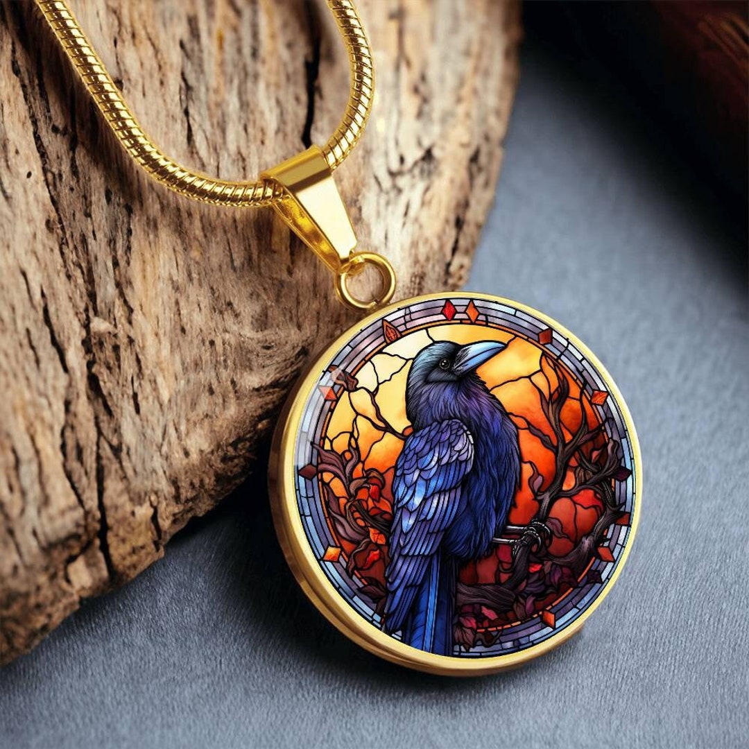 Raven Button Raven Bird Faux Stained Glass Personalized Pendant Necklace Gift for ...
