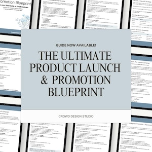 以下が含まれることがあります： 製品の発売とプロモーションのブループリントガイド。タイトルは「The Ultimate Product Launch & Promotion Blueprint」と大きく太字で書かれています。ガイドはコンテンツのページに囲まれています。