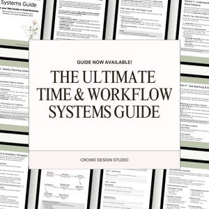 Pode incluir: Um guia branco intitulado "THE ULTIMATE TIME & WORKFLOW SYSTEMS GUIDE" com texto preto. O guia é cercado por outras páginas com texto e um design floral. O guia é da Crowd Design Studio.