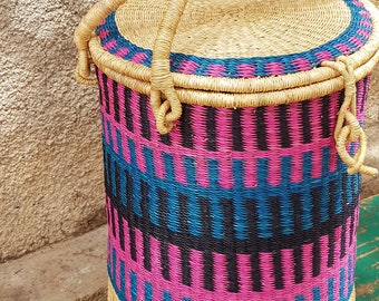 Handwoven laundry basket| wicker storage bin| living room storage basket| Bolga clothes basket| big floor hamper| woven laundry bin