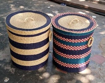 Handwoven laundry basket with lid| large wicker floor bin| Bolga storage basket| eco-friendly big straw basket| wicker clothes organizer