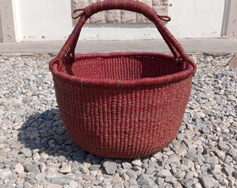 Brown shopping basket| outdoor basket| handmade beach basket| Bolga storage basket| camping basket| farmers market basket| gathering basket