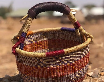 Mini market basket| Bolga storage basket| natural shopper basket| round straw tote| basket for home storage| eco-friendly basket with handle