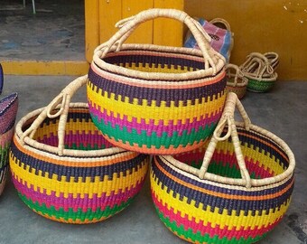 Mini market basket| farmers market basket | Bolga storage basket| kitchen basket| large beach basket| camping basket| harvest basket