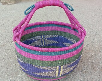 Bolga storage basket| round basket with handle| home storage basket| beach basket| camp storage basket| handwoven grass shopper basket