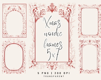 5 PNG Minimalistic Nordic Christmas Frame Clipart, Watercolor Nordic Frame, Premade Christmas Frame, Card making, Commercial Use