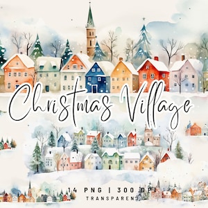 14 PNG Clipart de cena aquarela de inverno, clipart de vila de inverno, clipart de Natal, clipart aquarela, clipart de férias, sublimação de inverno