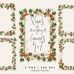 5 PNG Vintage Weihnachtsrahmen Clipart, Aquarell Holly Rahmen, Vorgefertigter Weihnachtsrahmen, Kartenherstellung, kommerzielle Nutzung
