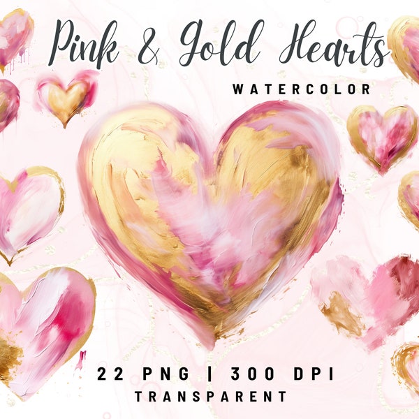 Pink Gold Hearts Watercolor Clipart, Watercolor Heart PNG, Valentine clipart, Valentines Day Clipart, Valentines Day PNG, Gold Heart