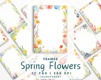 13 PNG Watercolor Spring Flowers Frame Clipart Easter Day Invitation Border Frame Greetings Premade Frame Card making Commercial Use