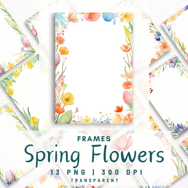 13 PNG Watercolor Spring Flowers Frame Clipart Easter Day Invitation Border Frame Greetings Premade Frame Card making Commercial Use