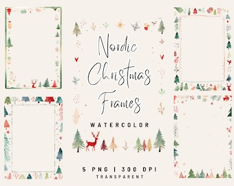 5 PNG Minimalistic Nordic Watercolor Christmas Frame, Christmas Border clipart, Christmas Frame clipart, Christmas Ornament, card making