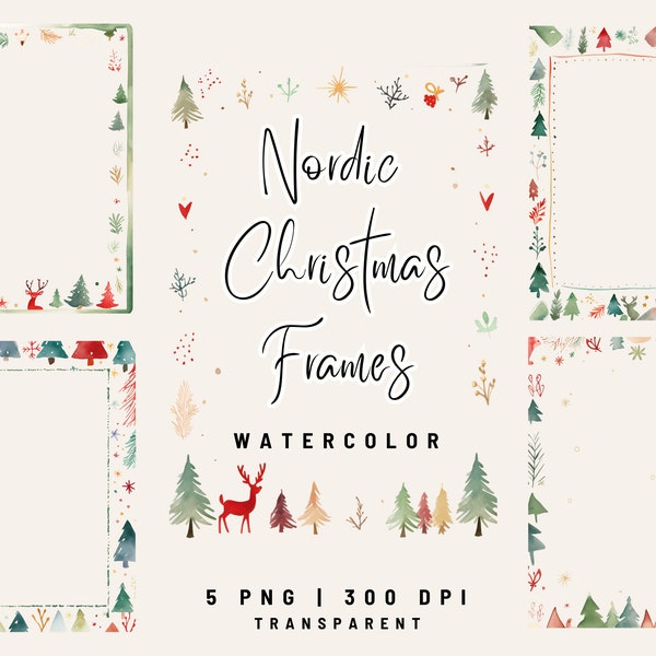 5 PNG Minimalistic Nordic Watercolor Christmas Frame, Christmas Border clipart, Christmas Frame clipart, Christmas Ornament, card making