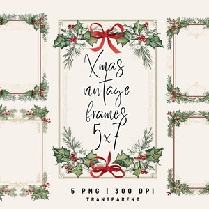 5 PNG Vintage Weihnachtsrahmen Clipart, Aquarell Holly Rahmen, Vorgefertigter Weihnachtsrahmen, Kartenherstellung, kommerzielle Nutzung