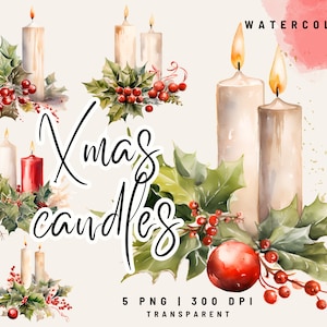 5 PNG Weihnachtskerzen Clipart, Aquarell Weihnachtskerzen, Aquarell Weihnachten, Kartenherstellung, Digitales Papiermodell
