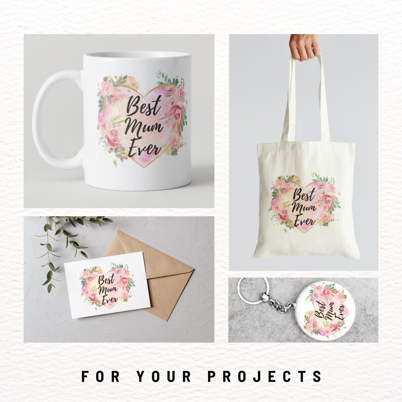 May include: A set of customisable products featuring a pink and gold heart with the text "Best Mum Ever" surrounded by watercolour flowers. The set includes a mug, tote bag, card, and keychain.