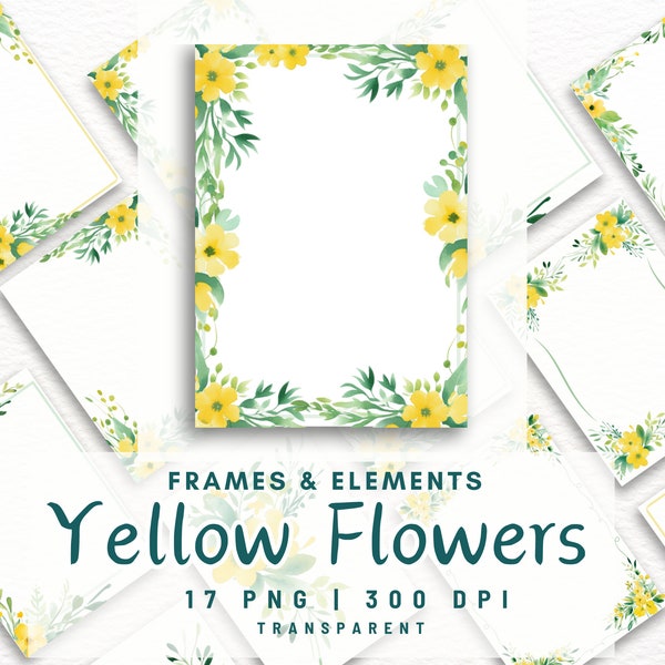 17 PNG Watercolor Flower Frame Yellow Flower Clipart PNG Flower border Invitation Border Frame Premade Frame Card making Commercial Use