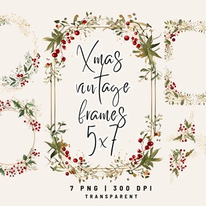 7 PNG Vintage Weihnachtsrahmen Clipart, Aquarell Holly Rahmen, vorgefertigte Weihnachtsrahmen, Kartenherstellung, kommerzielle Nutzung