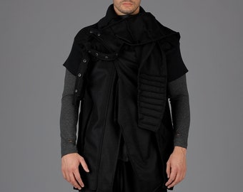 Designer vest , Men's coat, Black sleeveless coat, Winter jacket, Short sleeves cardigan, Asymmetric coat, Midi cardigan, A7StudioBG