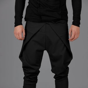 Men’s Asymmetrical Drop Crotch Pants with Belt Ties | Avant-Garde Streetwear Trousers | Black Ninja Style Harem Pants | CONCEPTBG Design