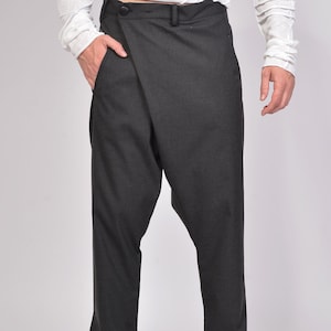 Men's Wool Cotton Trousers – Minimalist Asymmetric Pants – Handmade Italian Fabric – Smart Casual All-Season Pants for Travel & Events