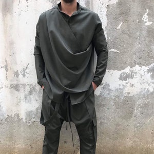 Men&#39;s Draped Designer Shirt | Italian Cold Wool Cotton Blend | Avant-Garde Minimalist Top | All Season Menswear - A7StudioBG