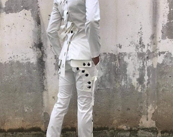White Designer Suit with Straps & Buttons | Avant-Garde Women&#39;s Blazer and Pants Set | Unique Formal Wear - ConceptBG
