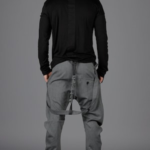 Men&#39;s Gray Drop Crotch Pants with Suspenders – Avant-Garde Trousers, Unique Urban Streetwear, Designer Italian Fabric ,