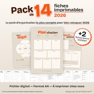 Pack of 14 Printable 2026 Worksheets + 2 Bonuses | Organization, Goals, Ikigai, SWOT, A4 Planner | Printable PDF Productivity & Mental Health