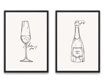 Champagne Duo, Set van 2, Cocktail Print, Trendy Bar Cart Print, DIGITALE DOWNLOAD, Neutrale Cocktail Posters, Afdrukbare Kunst, Drink Wall Decor