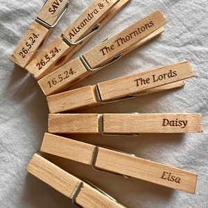 50 Personalised Engraved WOODEN PEGS - Any Text, Name, Occasion - Engagement, Wedding, Birthday, Anniversary, Party, Save the Date!