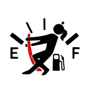 May include: A black and white illustration of a fuel gauge with a stick figure pushing the needle towards the "F" for full. The stick figure is holding a gas can.