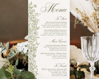 Canva Greenery Wedding Menu, Floral Wedding Menu, French Toile, Elegant Wedding, Template, Sage Green, Vintage Style, Food Menu DL, 4X9, CG