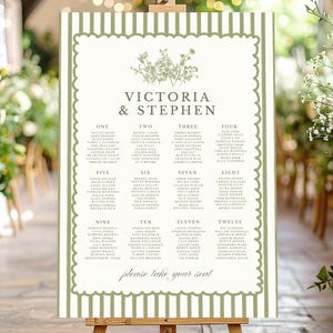 Green Stripes Wedding Seating Chart, Sage Green Table Plan, WildFlowers, Striped Wedding Template, , Hand Drawn, Green and Cream, GS