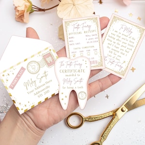 Canva, Printable Mini Tooth Fairy Set Pink with envelope, receipt and fairy letter, Instant Download and fully editable tooth fairy set