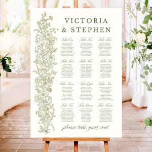 Canva Greenery Wedding Seating Chart, Floral Table Plan, French Toile, Elegant Wedding Template, Sage Green, Vintage Style, Elegant CG