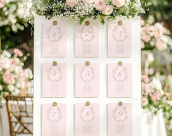 Canva Pink and White Floral Table Plan Cards, Blush Pink Seating Chart, Pastel Pink Hanging Cards, Vintage Style Wedding, VR