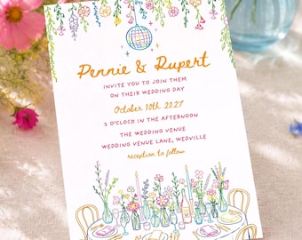 Colourful Flowers Wedding Invitation, Garden Party Invite, Bright Floral, Hand-Drawn Wedding, Summer Floral, Whimsical, Disco Ball, GSP