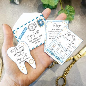 Canva, utskrivbart mini-tandféset i blått med kuvert, kvitto och älvbrev, direktnedladdning och helt redigerbart tandféset