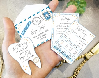 Canva, Printable Mini Tooth Fairy Set Blue with envelope, receipt and fairy letter, Instant Download and fully editable tooth fairy set
