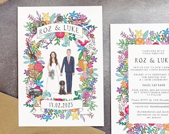 Bespoke Wedding Invite Invite, Hand Drawn Couple Portrait, Venue Drawing, Illustrated Wedding Invitation, Bespoke Design, Printable