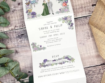 Bespoke Wedding Invite Concertina, Hand Drawn Couple Portrait, Venue Drawing, Illustrated Wedding Invitation, Bespoke Design, Printable
