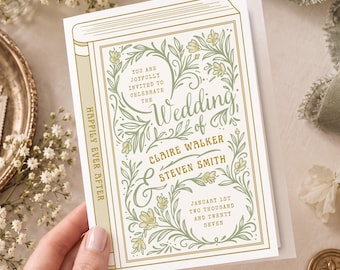 Canva Book Cover Wedding Invitation, Happily Ever After, Love Story, Book Wedding, Editable Template, Wedding Book Invite, Green & Gold, GC
