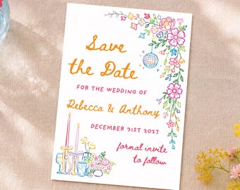Summer Colourful Flowers Save the Date, Garden Party, Hand Drawn Wedding Table, Colourful Wedding, Disco Ball, GSP