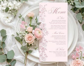 Canva Blush Pink and white Wedding Menu, Floral Wedding Menu, Elegant Wedding, Template, White Flowers, Food Menu DL, Vintage Style, 4X9, VR
