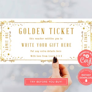 Bearbeitbares Ereignis Goldenes Ticket, Drucken Sie zu Hause Geburtstagsgutschein, Digitaler Geschenkgutschein, Überraschungsticket