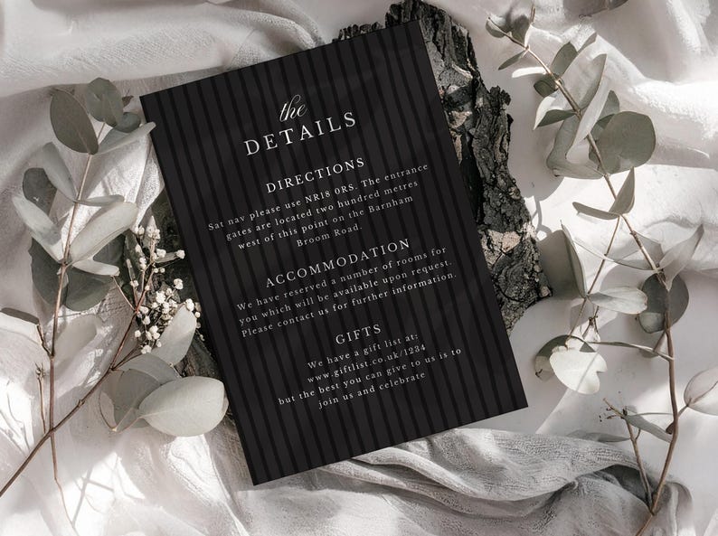 adding details card with black stripes and white elegant text