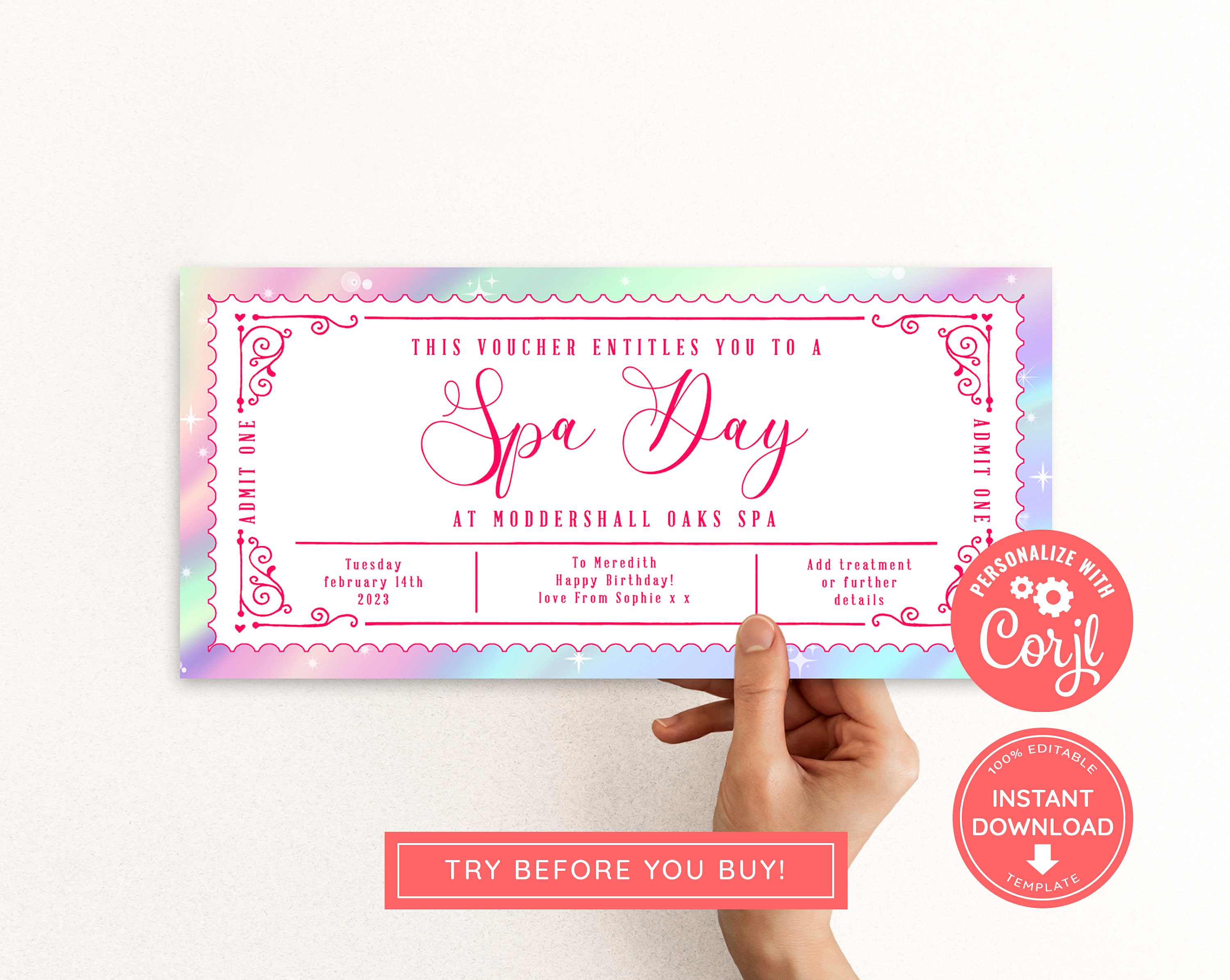 Editable Spa Voucher Ticket, Print at Home Birthday Voucher, Digital ...